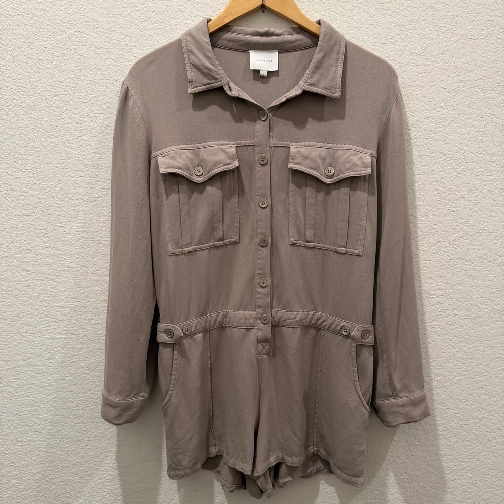 Sundays Women Long Sleeve Utility Romper Taupe Mauve Button Front Size S